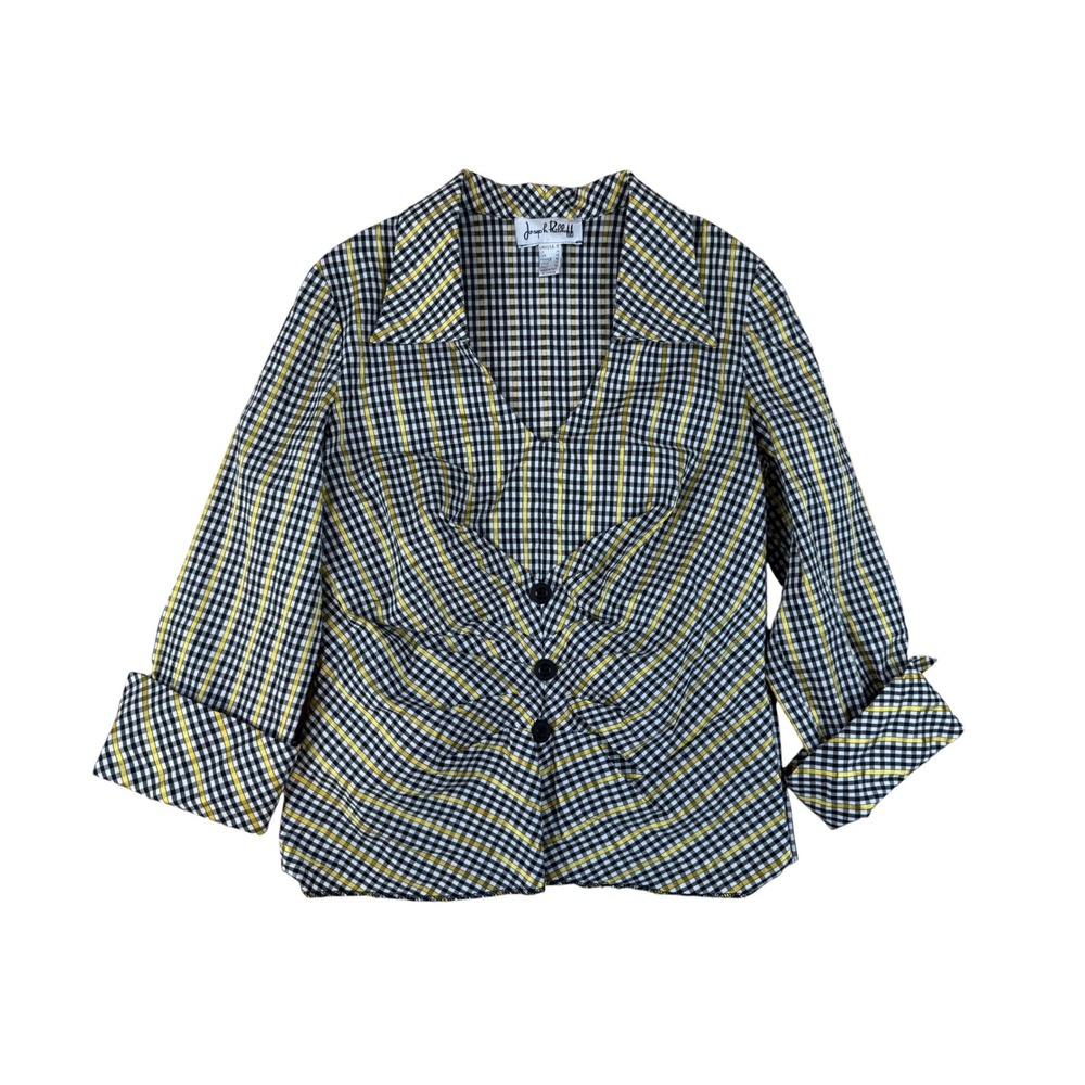 Joseph Ribkoff 12 Gingham Blazer Professional Chic Cotton Ruched Jacket